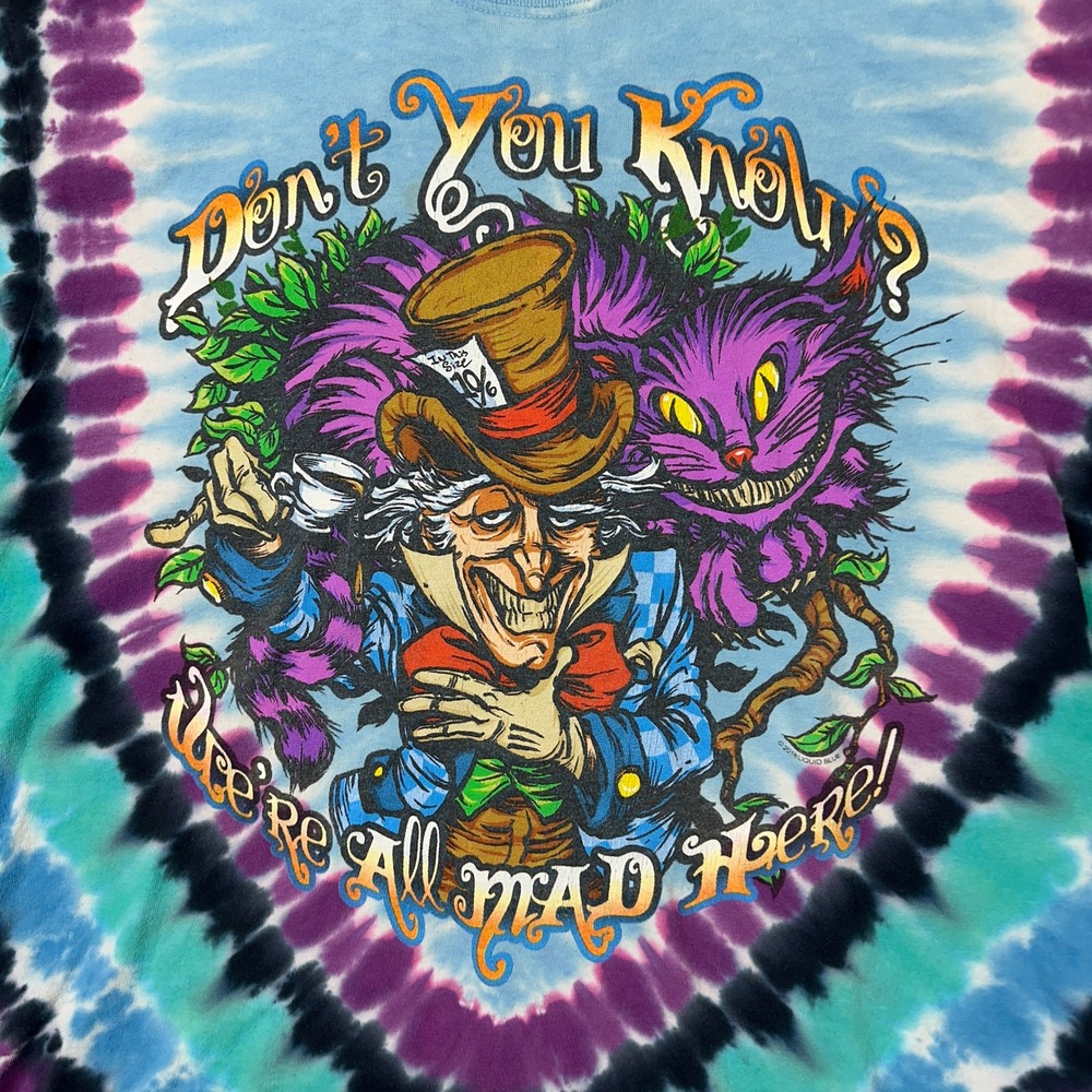 Liquid Blue T-Shirt Mens Large Alice In Wonderland Blue Tie Dye Mad Hatter Tee - Picture 5 of 9